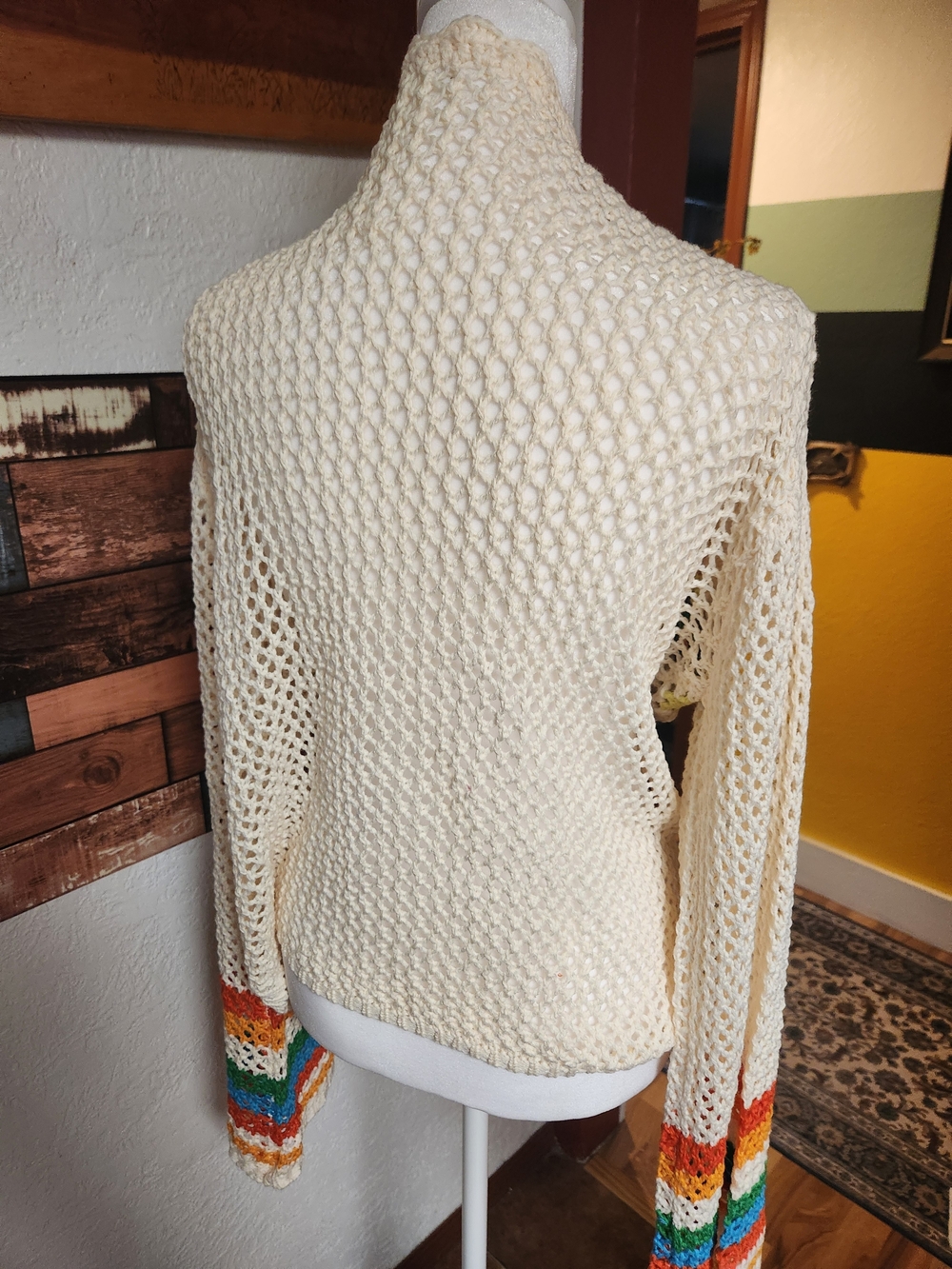 Retro Crochet Granny Square Open-Stitch Cardigan with Boho Rainbow Cuffs - Picture 6 of 8